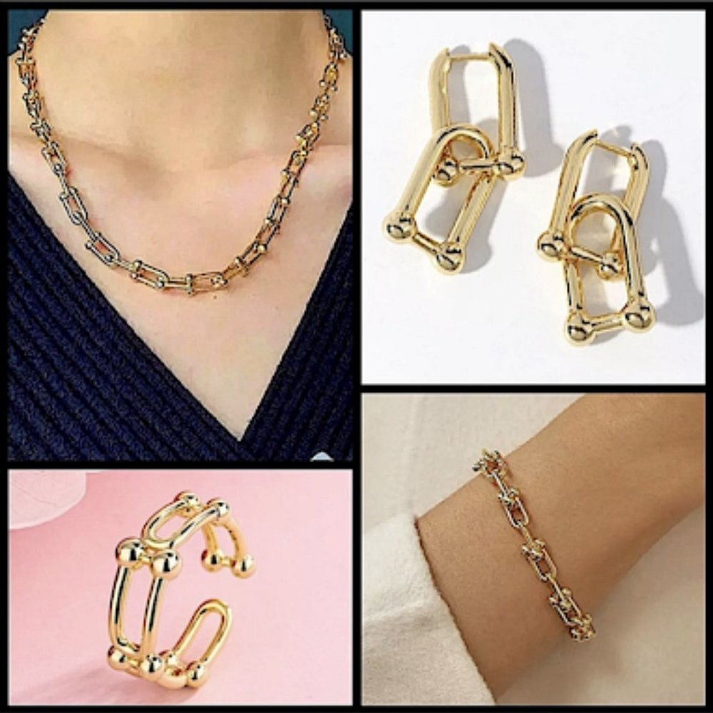 18K GOLD PLATED U SHAPED NECKLACE BRACELET EARRING RING SET